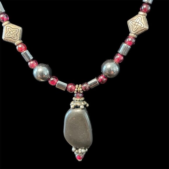 Boho Hematite Beaded Necklace Red Glass Pendant Vintage Artisan Festival Jewelry - Picture 2 of 5